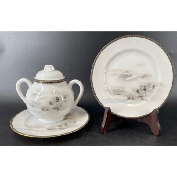 Other - Vintage Made in Japan Porcelain Sugar Bowl Mt Fuji Scene w Lid & 2 Small Plates